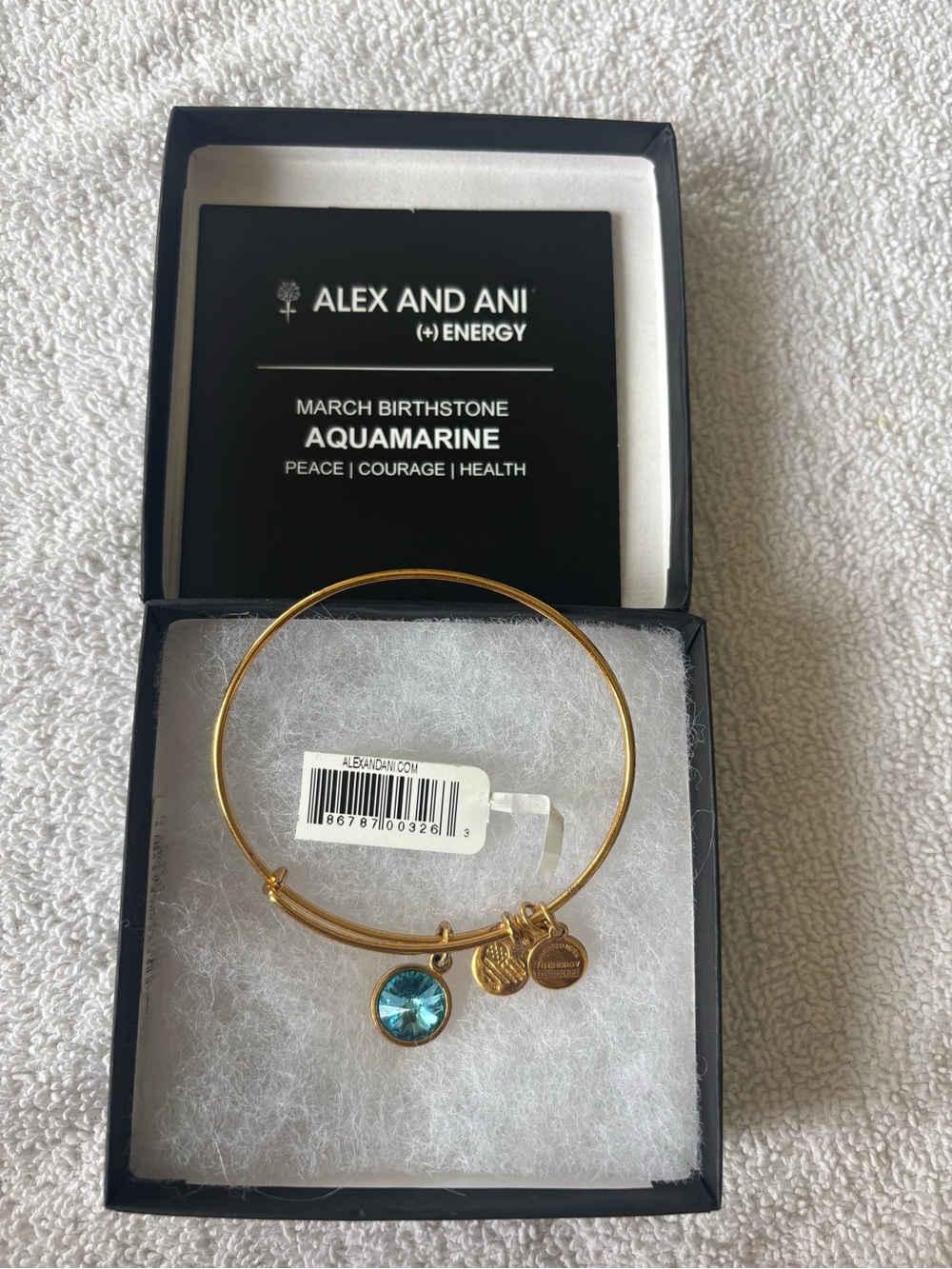 Alex and Ani Gold Bracelet with Aquamarine Blue Charm